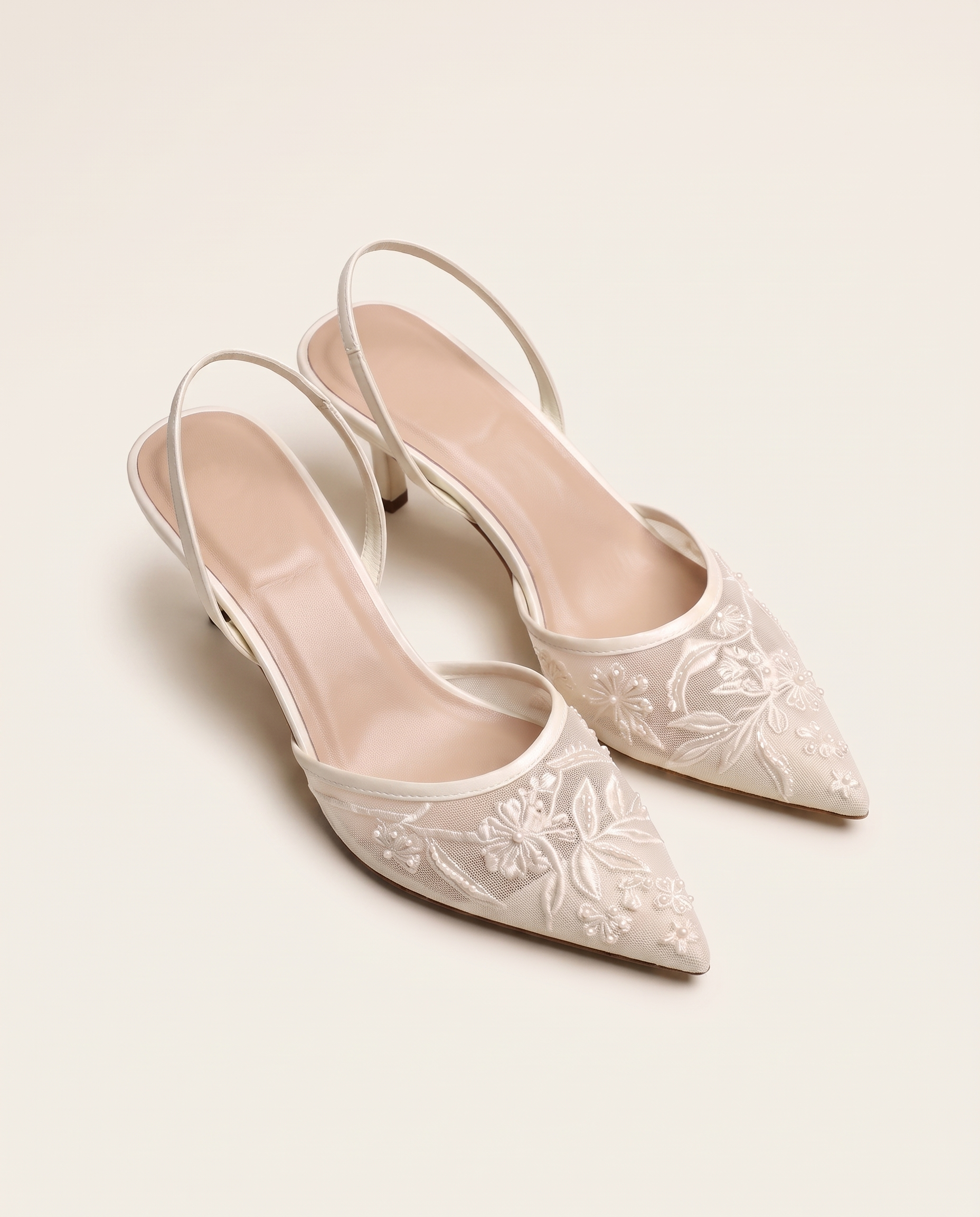 Women's Floral Embroidered Pointed Toe Slingback Heels – Wedding Bridal Pumps — main view