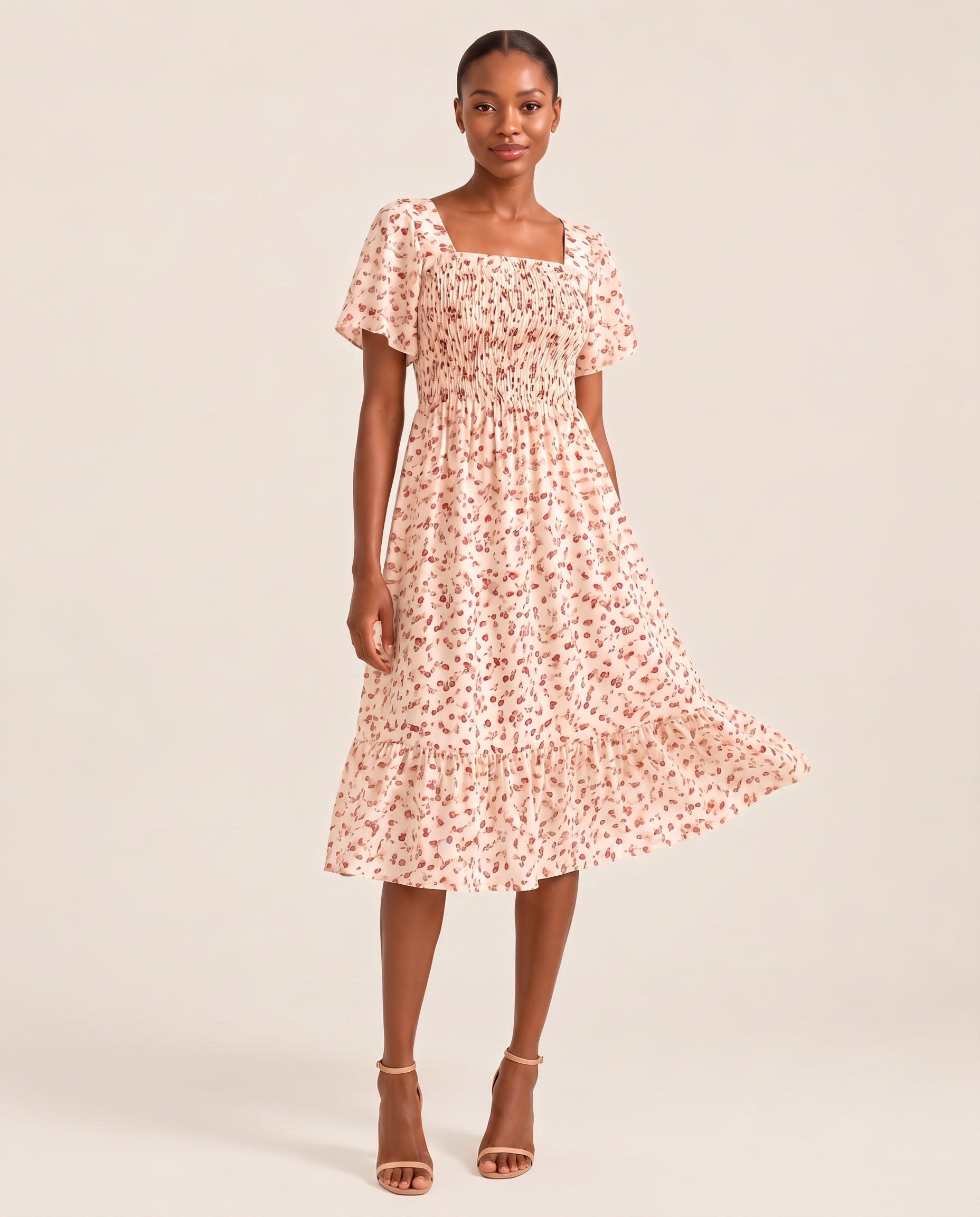 Floral Chiffon Midi Dress — Beige front