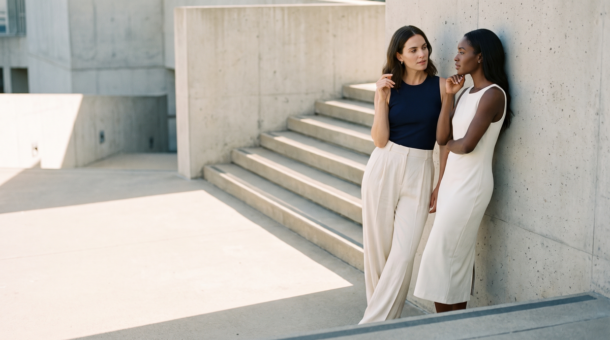 Editorial fashion in a sunlit stone passage.