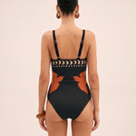 Women's Bird Print One Piece Swimsuit With Cross Front Cutouts — studio back