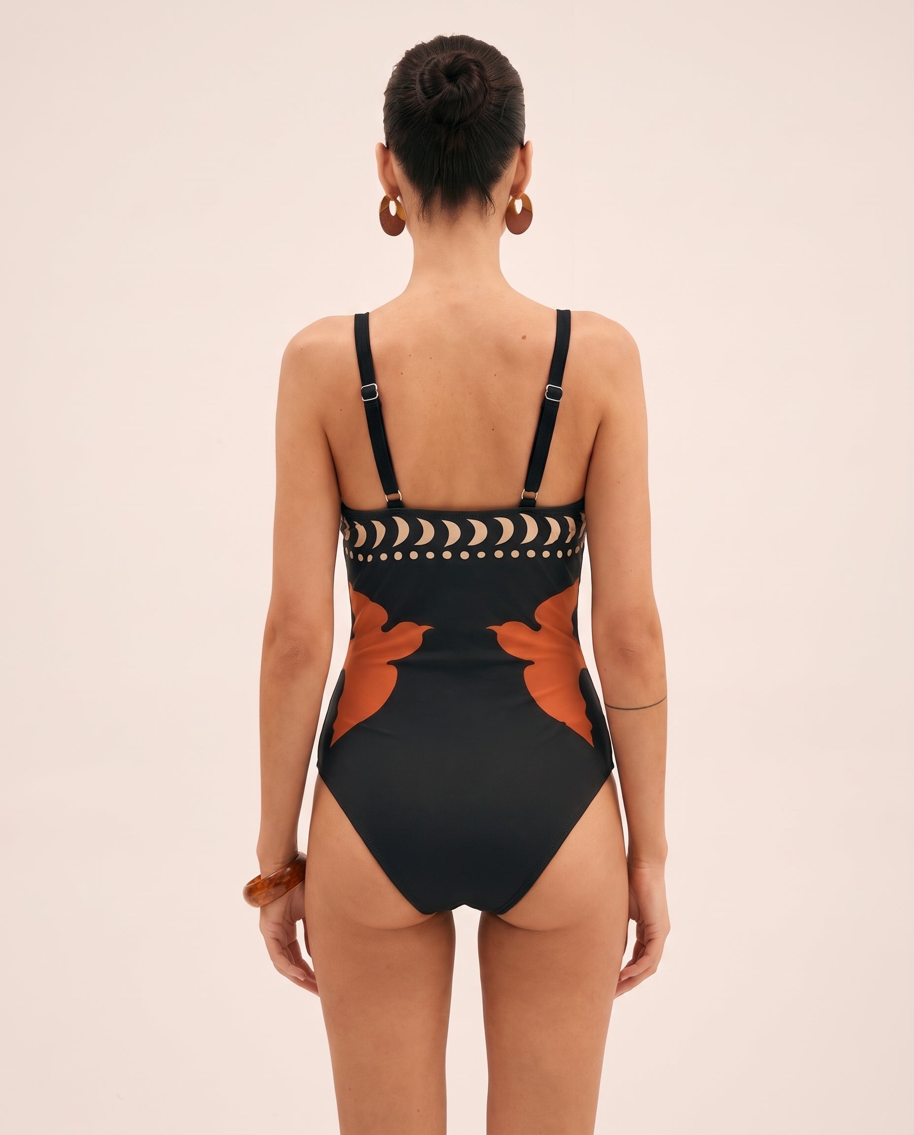 Women's Bird Print One Piece Swimsuit With Cross Front Cutouts — studio back