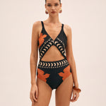 Women's Bird Print One Piece Swimsuit With Cross Front Cutouts — studio front