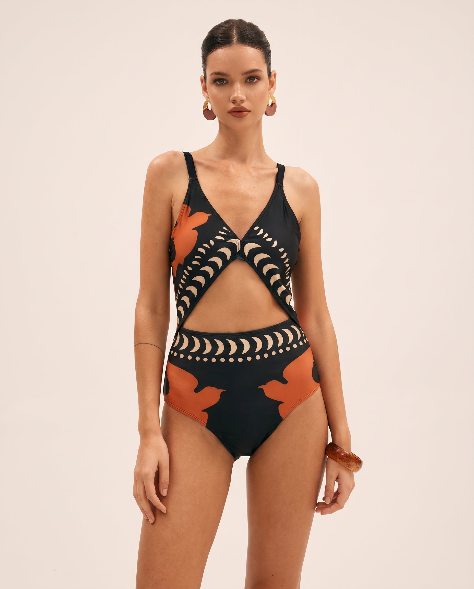 Women's Bird Print One Piece Swimsuit With Cross Front Cutouts — studio front