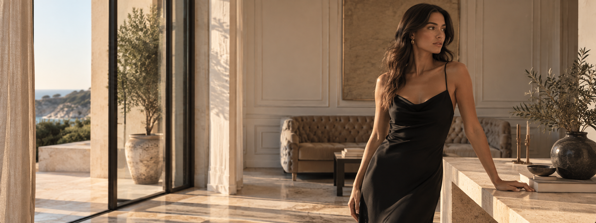 Woman wearing a cream one-shoulder dress beside a window.