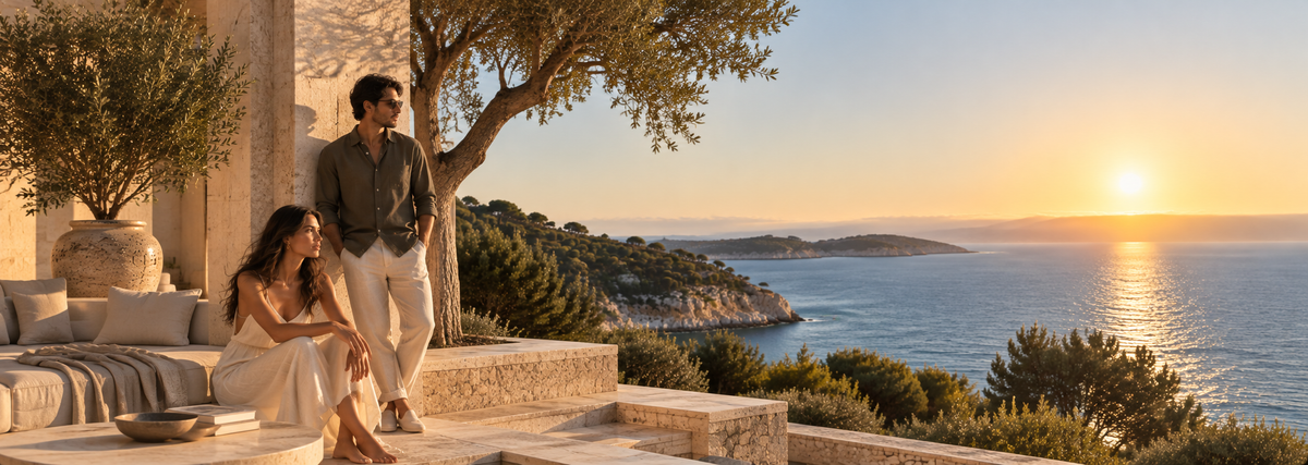 Two editorial silhouettes in light neutral layers in a sunlit stone passage.