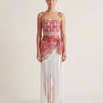 Red Print Tie Strap One Piece Swimsuit With Fringe Sarong Set — studio front
