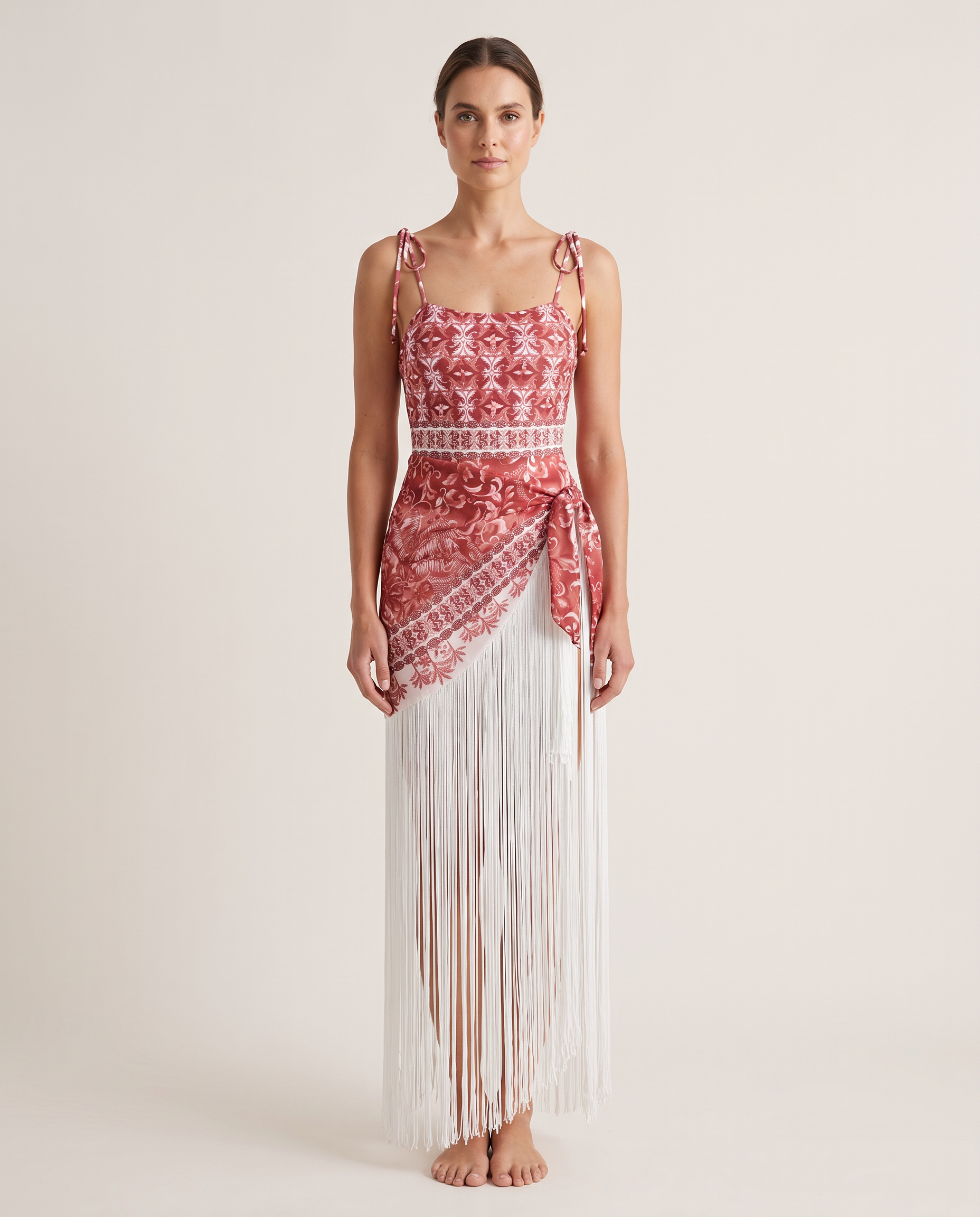 Red Print Tie Strap One Piece Swimsuit With Fringe Sarong Set — studio front
