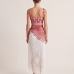 Women's Red Print Tie Strap One Piece Swimsuit With Fringe Sarong Set — studio back