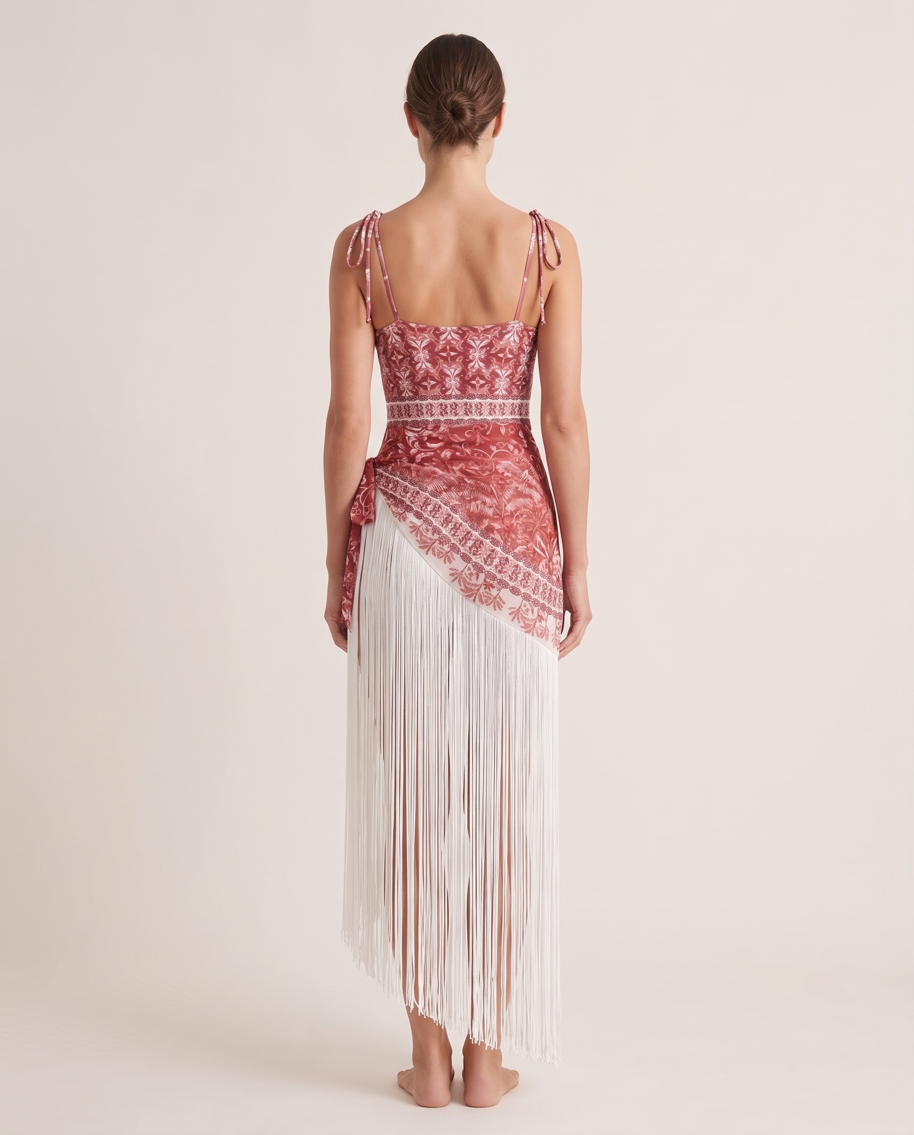 Women's Red Print Tie Strap One Piece Swimsuit With Fringe Sarong Set — studio back