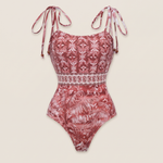 Women's Red Print Tie Strap One Piece Swimsuit With Fringe Sarong Set — studio piece