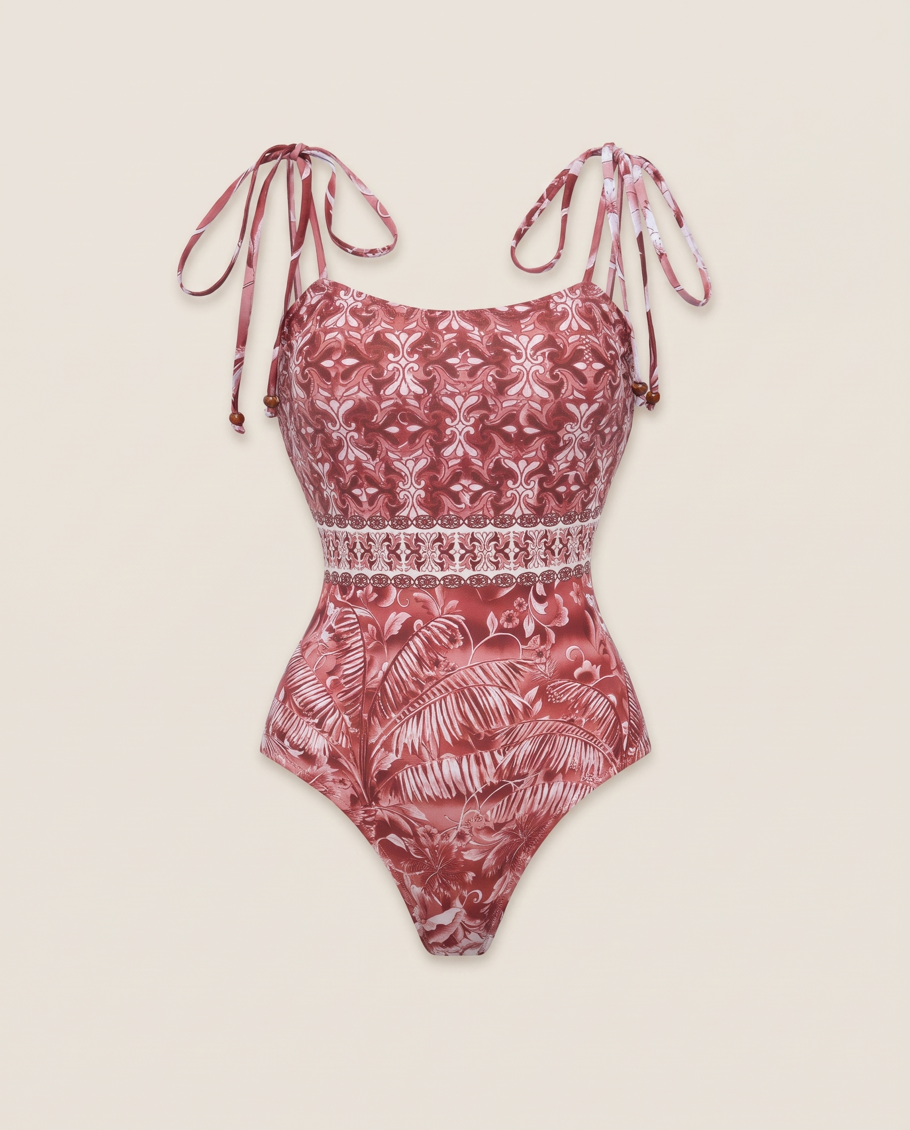 Women's Red Print Tie Strap One Piece Swimsuit With Fringe Sarong Set — studio piece
