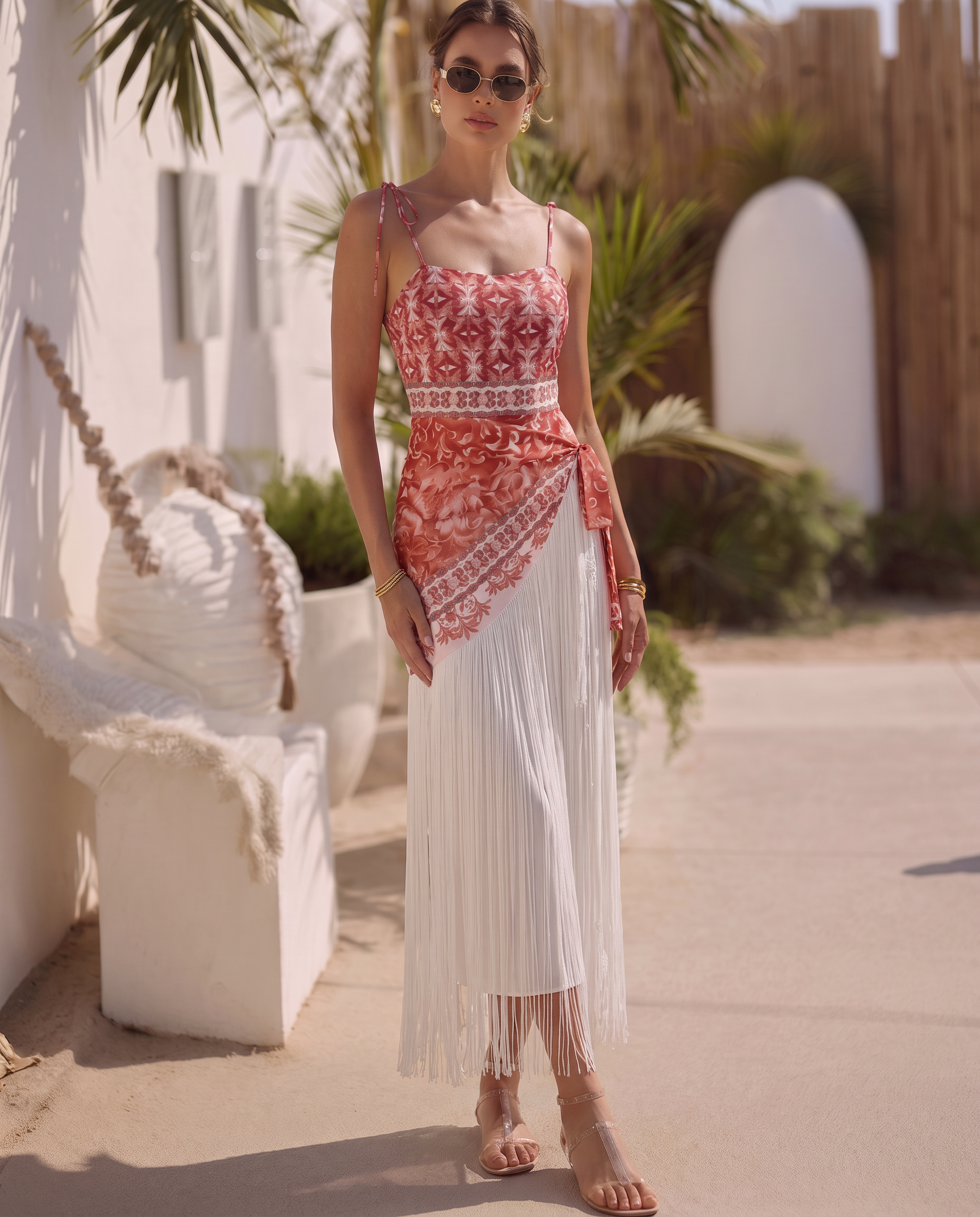 Women's Red Print Tie Strap One Piece Swimsuit With Fringe Sarong Set — lifestyle hover