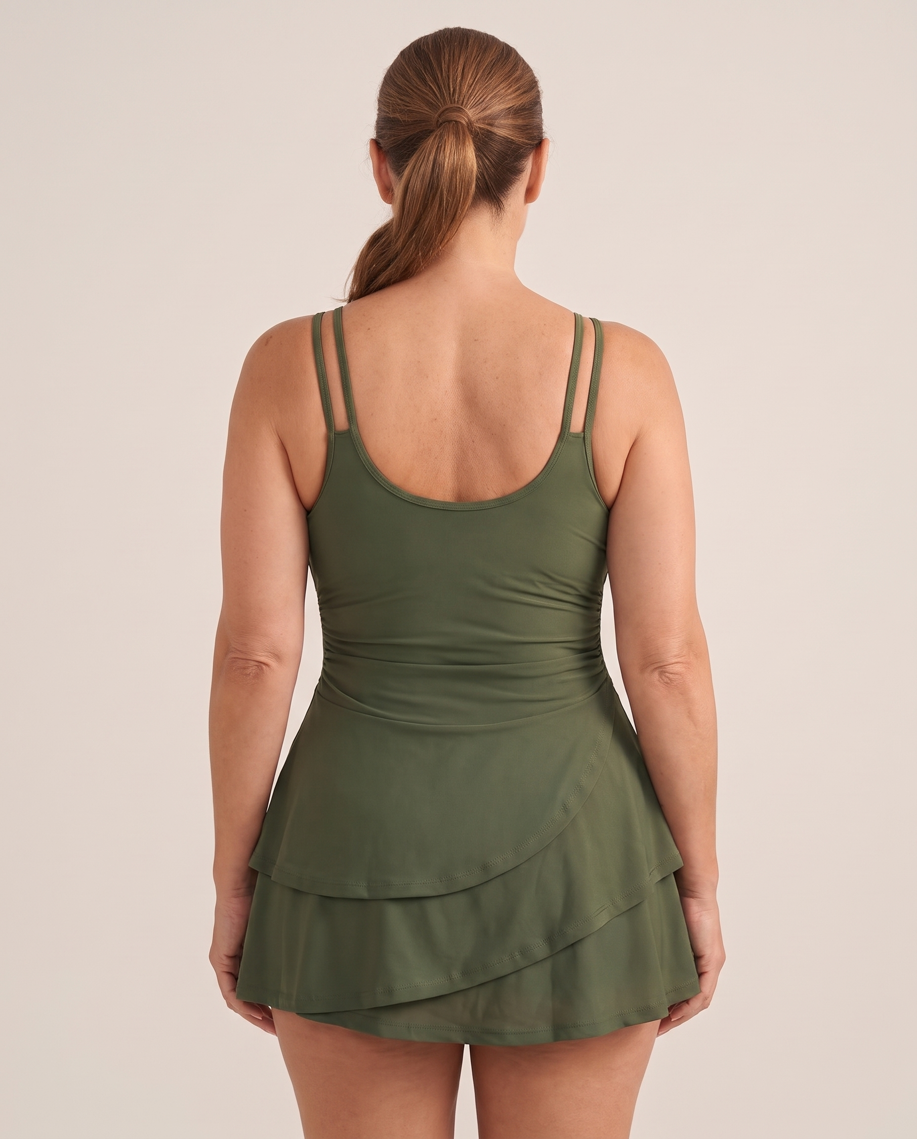 Marella | Women's Tiered Skirted One Piece Swim Dress With Tummy Control And Double Straps — studio back