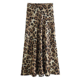 Leopard Print Satin Midi Skirt