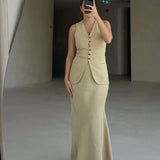 Olive Elegant Sleeveless Button-Front Skirt Set – product detail view 4