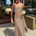 Lace Up Halter Crop Top and Ruched Maxi Skirt Set – product detail view 10
