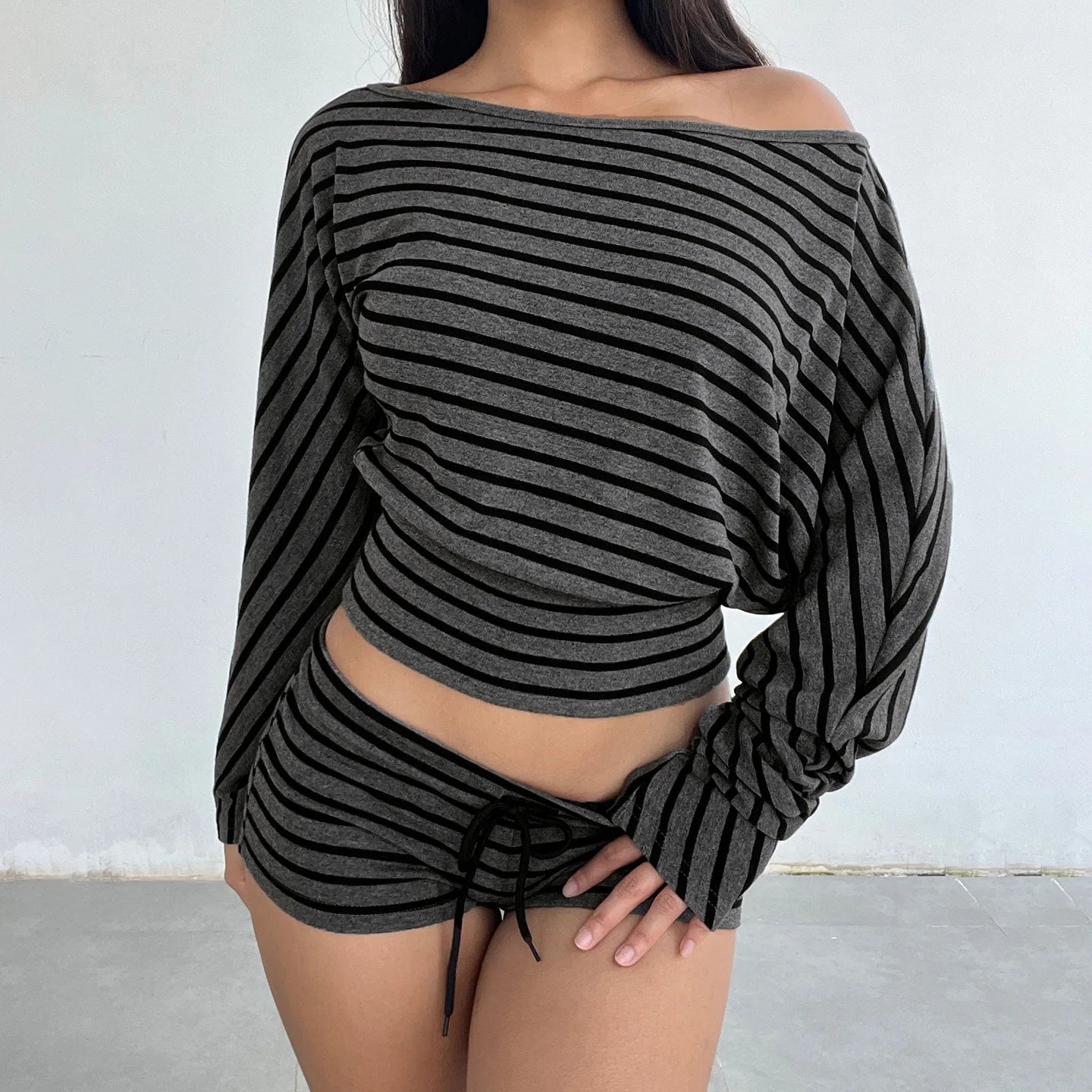 Amelie Elegant Striped Off-Shoulder Shorts Set – primary product view