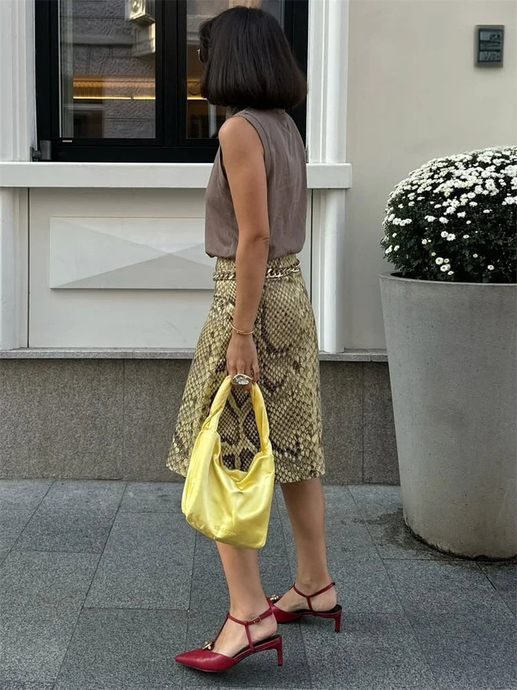 Veda Snakeskin High-Waist Midi Skirt