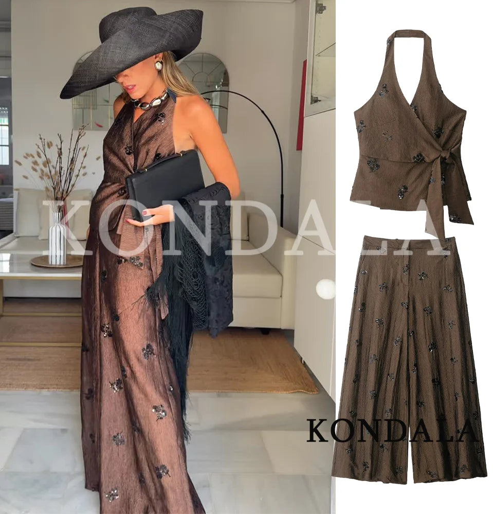 Beaded Halter Top and Wide Leg Trouser Set – product detail view 2