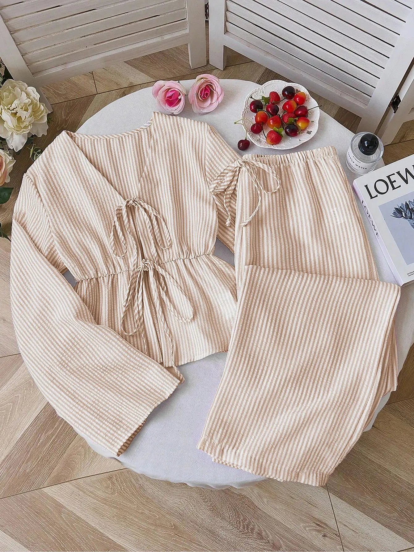 Striped V Neck Blouse and Wide Leg Trouser Set – product detail view 11