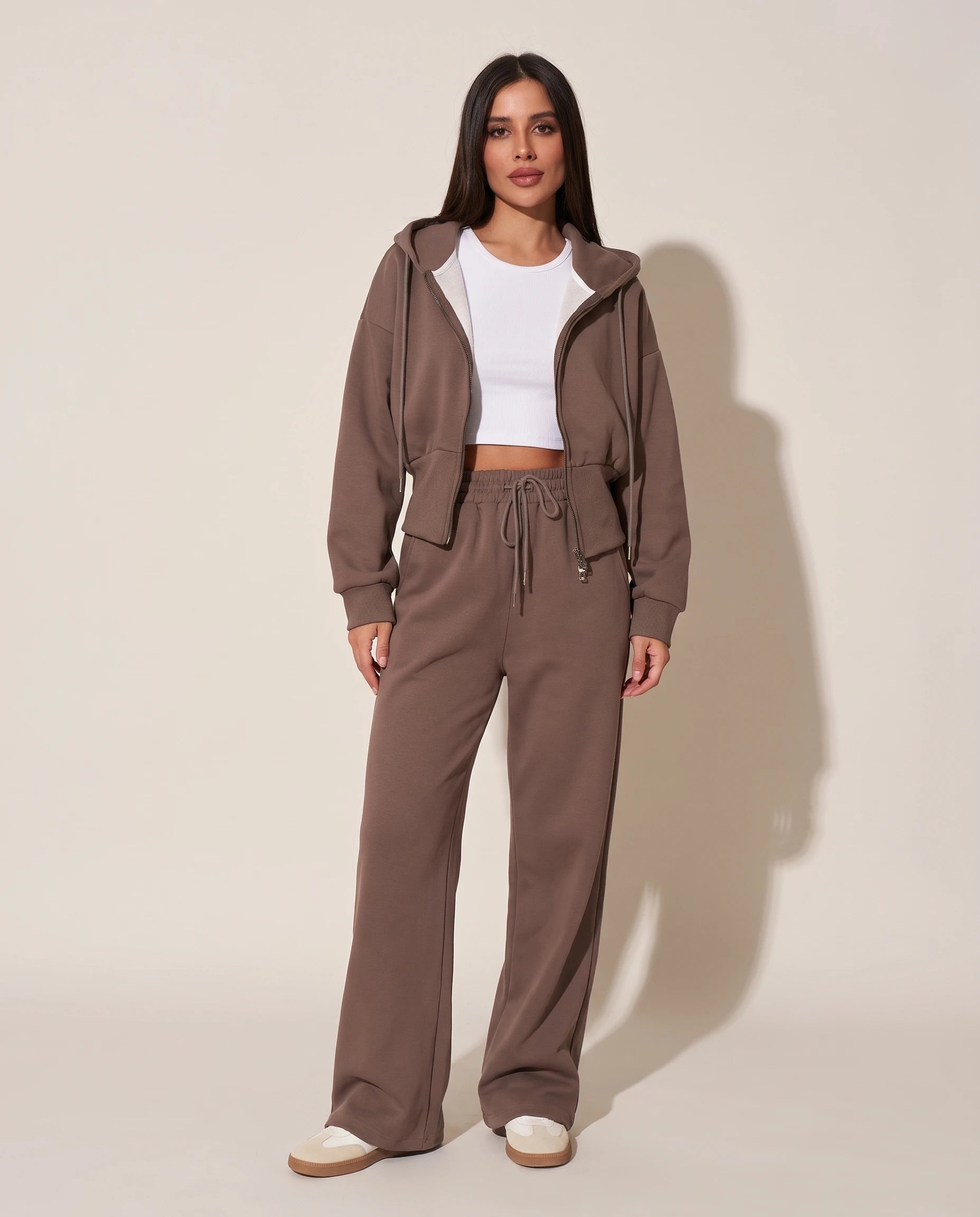 Zip Hoodie and Wide Leg Trouser Set — Coffee, studio view
