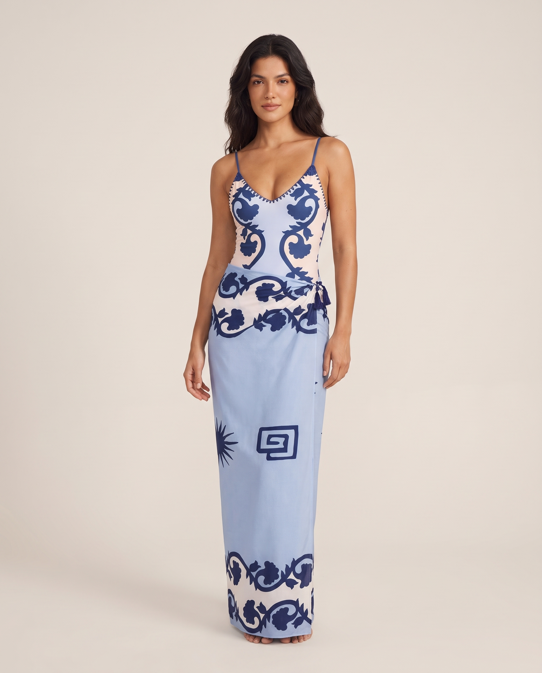 Vintage Print V-Neck One Piece Swimsuit With Wrap Sarong Skirt — studio front