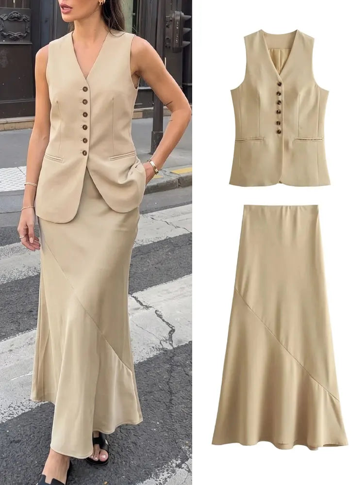 Olive Elegant Sleeveless Button-Front Skirt Set – primary product view