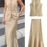 Olive Elegant Sleeveless Button-Front Skirt Set – primary product view