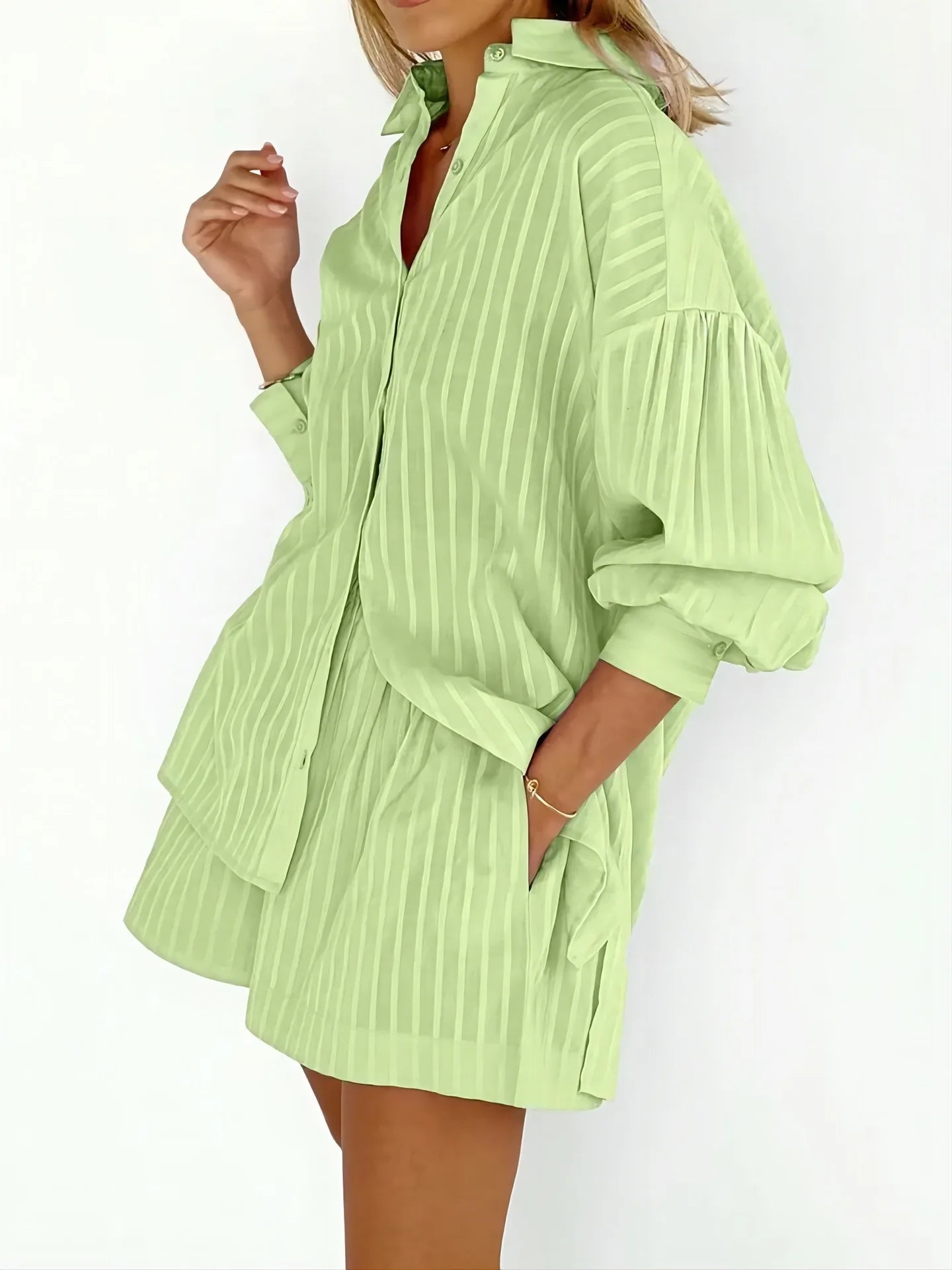 Cotton Long Sleeve Shirt and Striped Short Set – product detail view 8