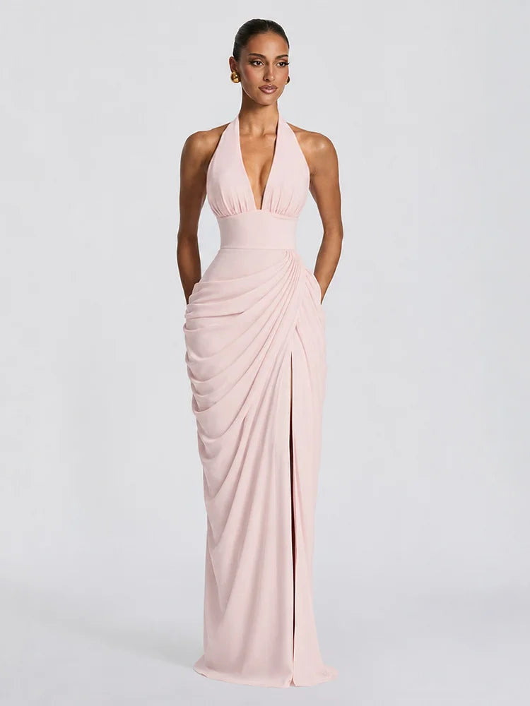 Mabel Elegant Pleated Halter Maxi Dress – product detail view 4