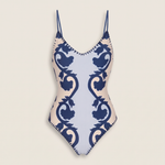 Women's Vintage Print V-Neck One Piece Swimsuit With Wrap Sarong Skirt — studio piece