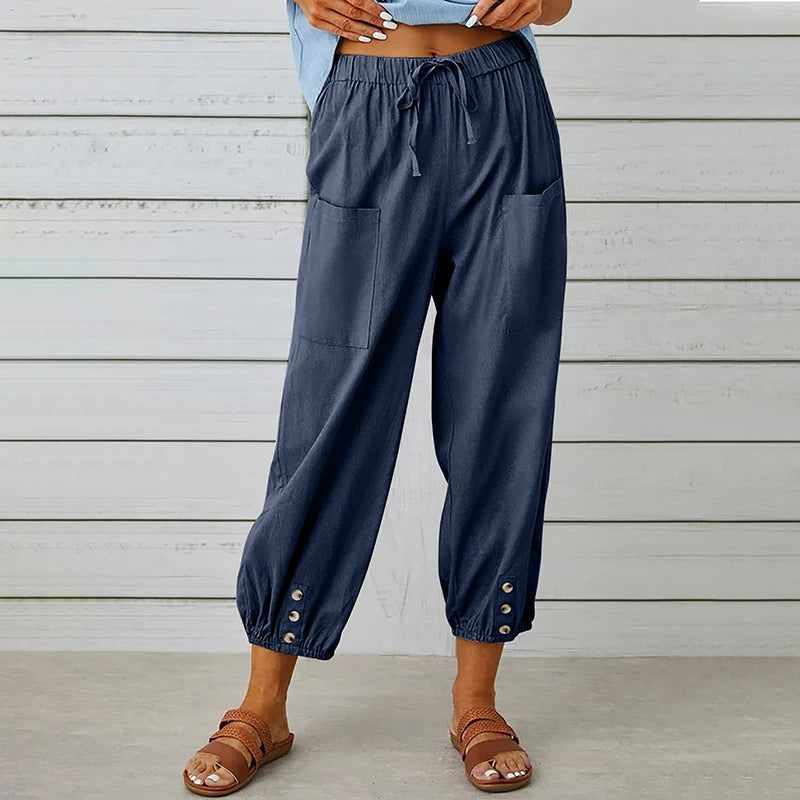 Cotton Linen Wide Leg Trousers with Elastic Waist – product detail view 9
