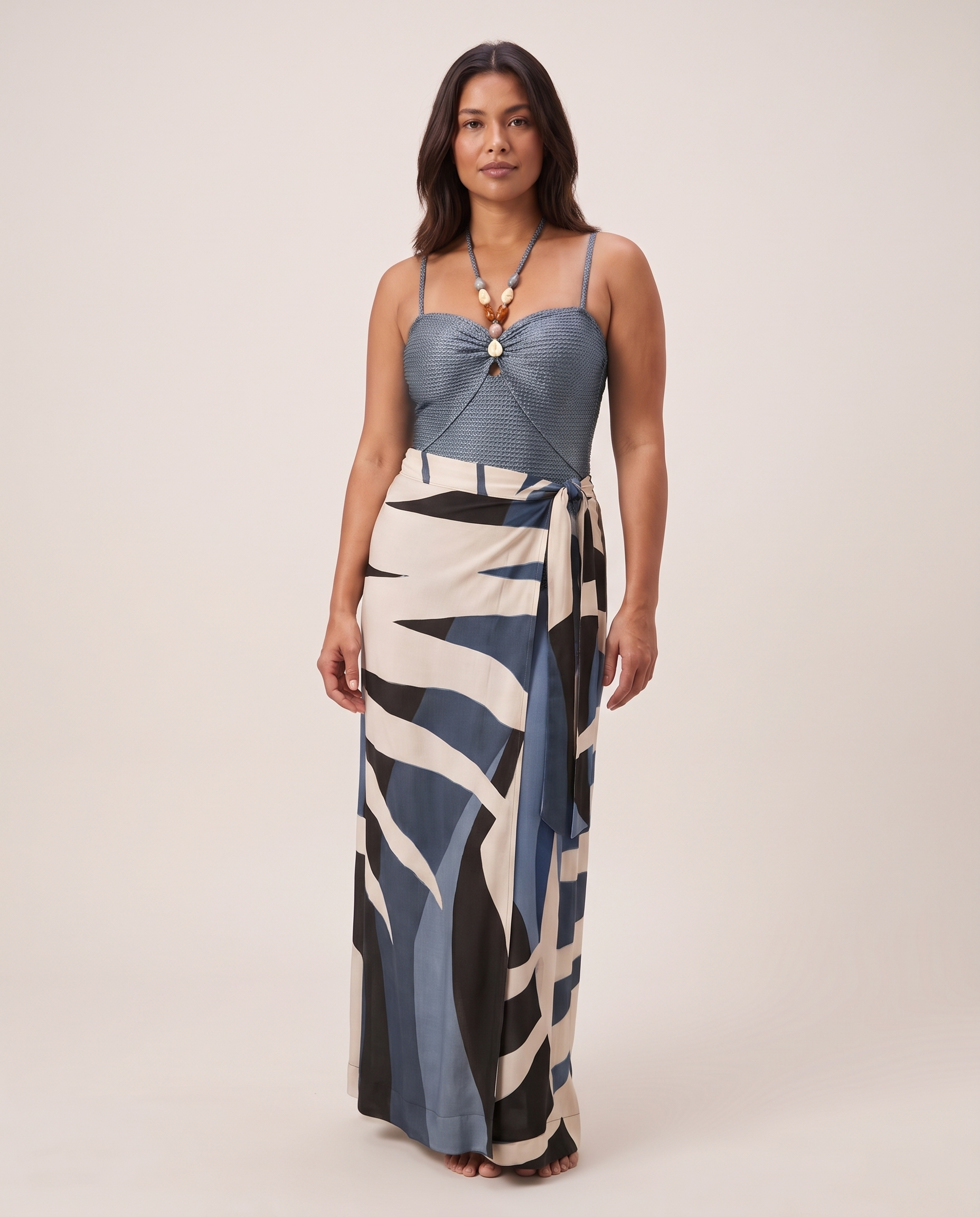 Women's Textured Bandeau One Piece Swimsuit With Printed Sarong Skirt — variant studio