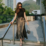 Leopard Print Satin Midi Skirt