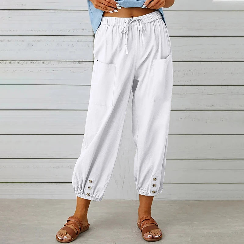 Cotton Linen Wide Leg Trousers with Elastic Waist – product detail view 7