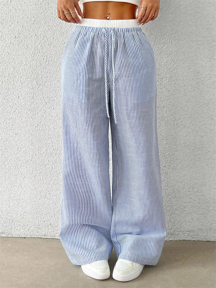 Striped Wide Leg Trousers with Woven Finish – product detail view 4