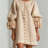 Linen Mini Dress with Puff Sleeves
