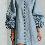 Linen Mini Dress with Puff Sleeves