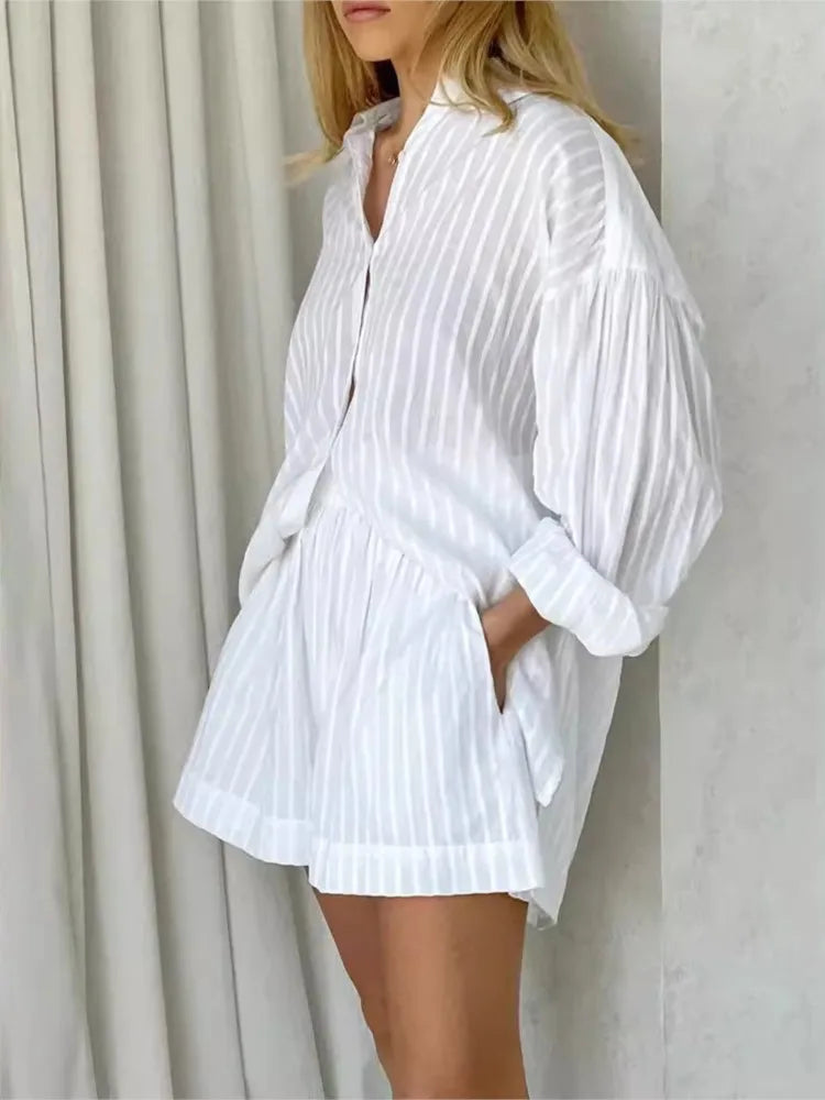 Cotton Long Sleeve Shirt and Striped Short Set – product detail view 1