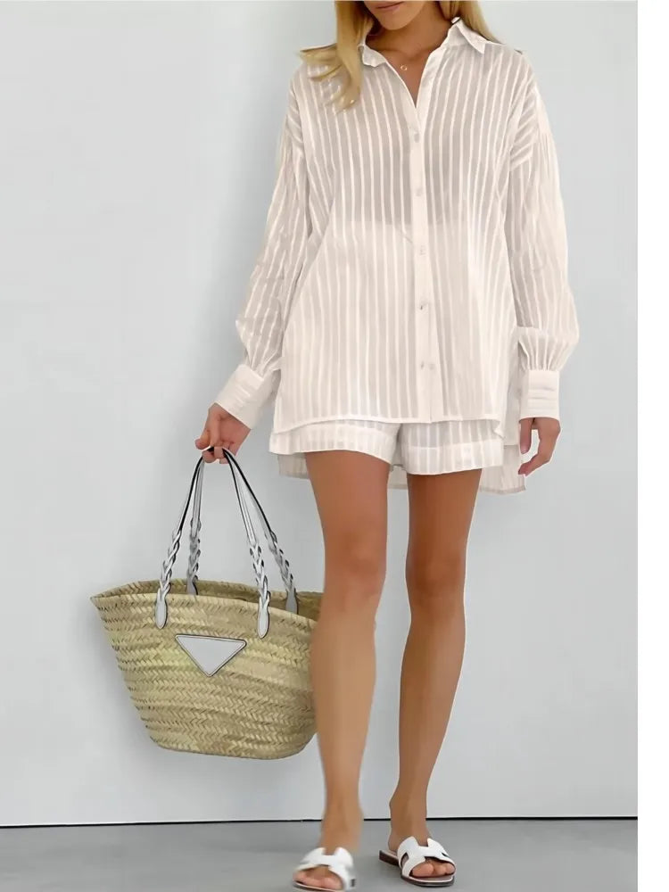 Cotton Long Sleeve Shirt and Striped Short Set – product detail view 5