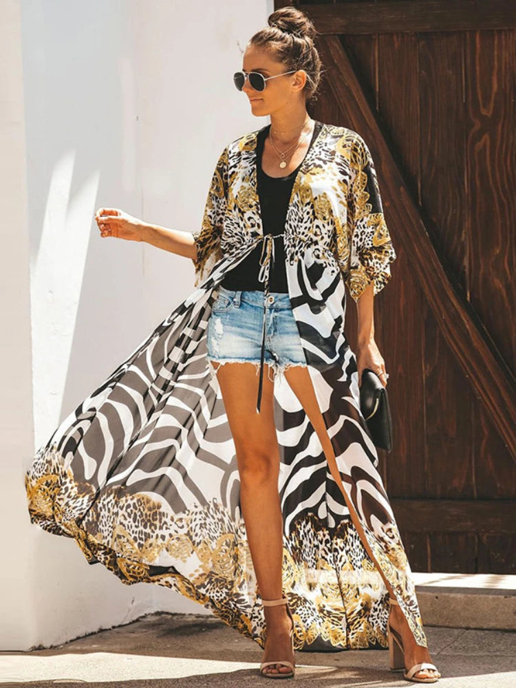 Josie Lightweight Leopard-Print Chiffon Beach Kimono – primary product view