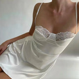Satin Mini Dress with Lace V Neck and Open Back