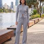 Ribbed Zip Cardigan and Wide Leg Trouser Set — Grey, Australian lifestyle view