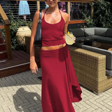 Lace Up Halter Crop Top and Ruched Maxi Skirt Set – product detail view 9