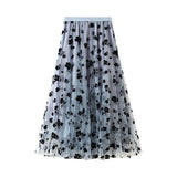 Floral Mesh Pleated Midi Skirt