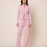 Ribbed Zip Cardigan and Wide Leg Trouser Set — Pink, studio view