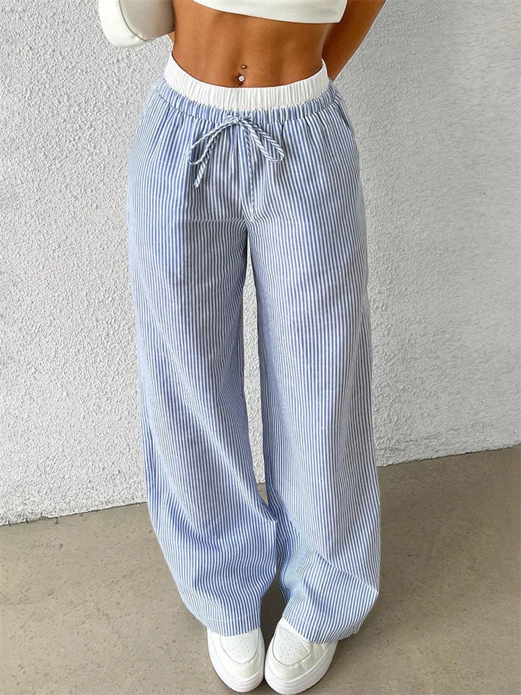 Striped Wide Leg Trousers with Woven Finish – product detail view 2