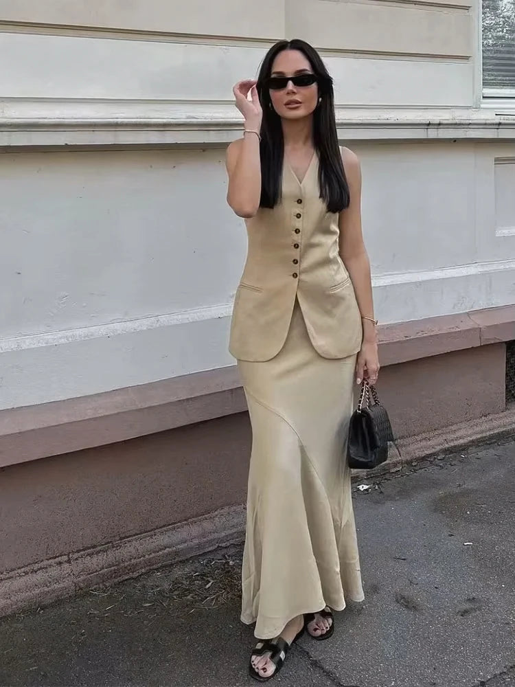 Olive Elegant Sleeveless Button-Front Skirt Set – alternate product view