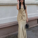 Olive Elegant Sleeveless Button-Front Skirt Set – alternate product view