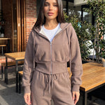 Zip Hoodie and Wide Leg Trouser Set — Coffee, fabric and construction detail outdoors